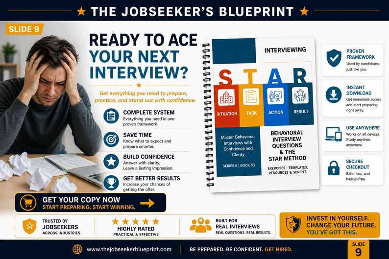 Peut inclure: Image promotionnelle pour "The Jobseeker's Blueprint" avec le texte "Pr&ecirc;t &agrave; R&eacute;ussir Votre Prochain Entretien ?" Une personne semble stress&eacute;e. L'image comprend un cahier avec "STAR" et des conseils d'entretien. L'image comprend &eacute;galement des ic&ocirc;nes et du texte.