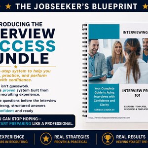 Peut inclure: Image promotionnelle du "Interview Success Bundle" avec le texte "Introducing the Interview Success Bundle". L'image comprend un livre &agrave; spirales intitul&eacute; "Interview Prep 101" et une photo de personnes en situation d'entretien.