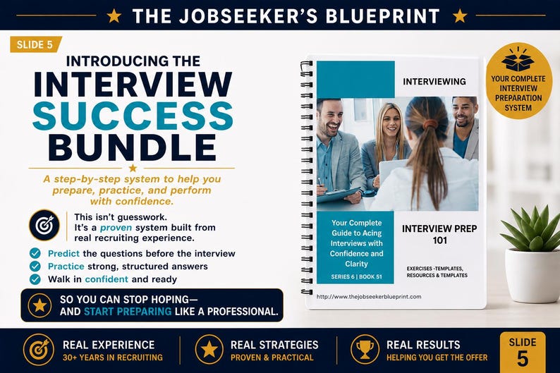 Peut inclure: Image promotionnelle du "Interview Success Bundle" avec le texte "Introducing the Interview Success Bundle". L'image comprend un livre &agrave; spirales intitul&eacute; "Interview Prep 101" et une photo de personnes en situation d'entretien.