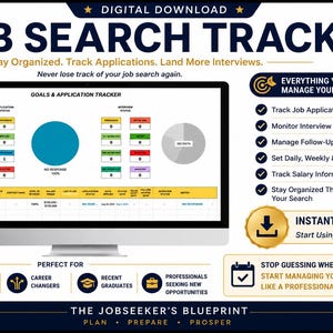 May include: A digital job search tracker displayed on a computer monitor, featuring a goals and application tracker dashboard with charts, status boxes, and a spreadsheet table. The layout includes text headers, a checklist of features, and download icons.