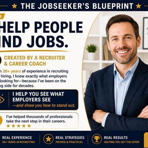 Peut inclure: Diapositive d'une pr&eacute;sentation intitul&eacute;e "The Jobseeker's Blueprint". Le texte principal est "I Help People Find Jobs", soulignant l'expertise d'un recruteur et coach de carri&egrave;re. L'image pr&eacute;sente un homme souriant en costume. Le texte "Slide 4" est &eacute;galement visible.
