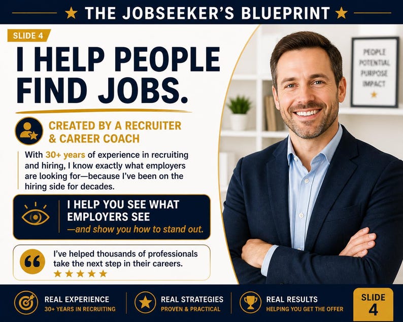 Peut inclure: Diapositive d'une pr&eacute;sentation intitul&eacute;e "The Jobseeker's Blueprint". Le texte principal est "I Help People Find Jobs", soulignant l'expertise d'un recruteur et coach de carri&egrave;re. L'image pr&eacute;sente un homme souriant en costume. Le texte "Slide 4" est &eacute;galement visible.