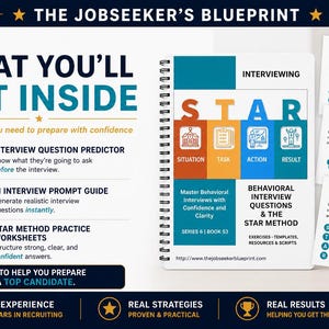 Peut inclure: Image d'un livre &agrave; spirales intitul&eacute; "Interviewing" avec le mot "STAR" en grandes lettres. Des documents d'accompagnement comprennent des feuilles de travail et des guides pour la pr&eacute;paration aux entretiens. L'image comprend &eacute;galement le texte "The Jobseeker's Blueprint".