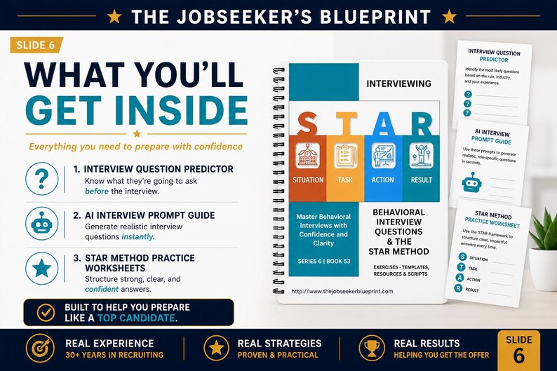 Peut inclure: Image d'un livre &agrave; spirales intitul&eacute; "Interviewing" avec le mot "STAR" en grandes lettres. Des documents d'accompagnement comprennent des feuilles de travail et des guides pour la pr&eacute;paration aux entretiens. L'image comprend &eacute;galement le texte "The Jobseeker's Blueprint".
