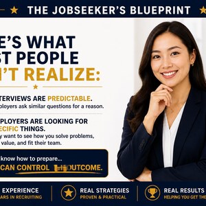 Peut inclure: Une diapositive de pr&eacute;sentation professionnelle intitul&eacute;e "The Jobseeker's Blueprint". Elle pr&eacute;sente une femme souriante et du texte. La diapositive met en &eacute;vidence les points cl&eacute;s des entretiens d'embauche et des attentes des employeurs.