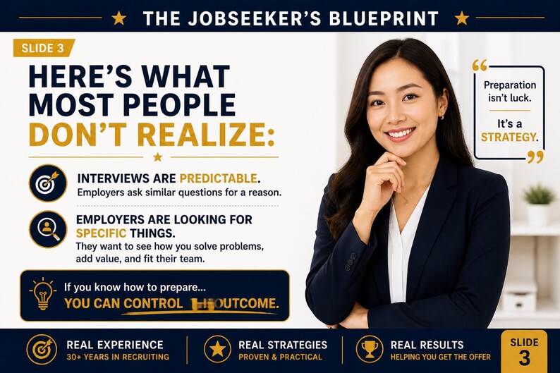 Peut inclure: Une diapositive de pr&eacute;sentation professionnelle intitul&eacute;e "The Jobseeker's Blueprint". Elle pr&eacute;sente une femme souriante et du texte. La diapositive met en &eacute;vidence les points cl&eacute;s des entretiens d'embauche et des attentes des employeurs.