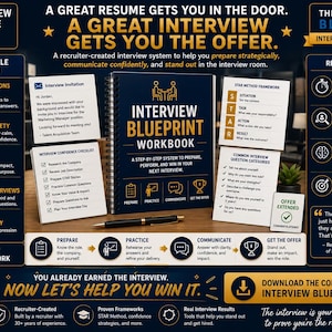 Puede incluir: Se muestra una guía de preparación para entrevistas titulada "Interview Blueprint Workbook". La imagen incluye texto, diagramas y un bolígrafo, ofreciendo un sistema paso a paso para prepararse para las entrevistas. La guía promete ayudar a los candidatos a tener éxito.