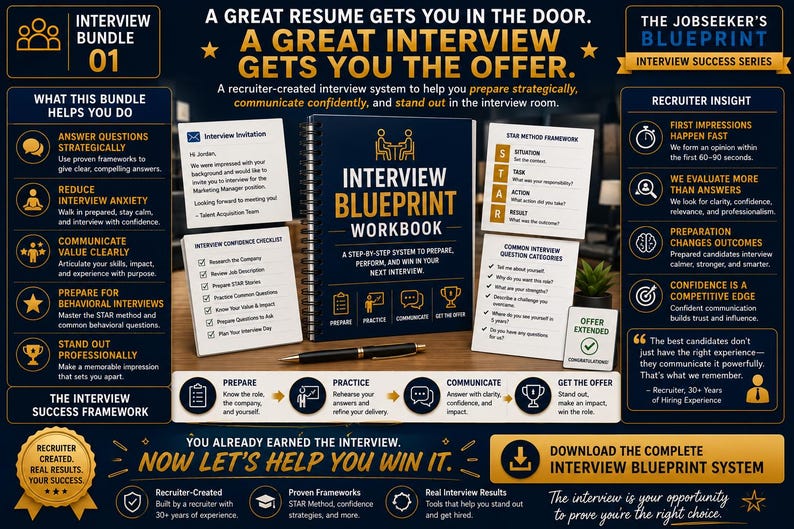 Peut inclure: Un guide de pr&eacute;paration aux entretiens intitul&eacute; "Interview Blueprint Workbook" est pr&eacute;sent&eacute;. L'image comprend du texte, des diagrammes et un stylo, offrant un syst&egrave;me &eacute;tape par &eacute;tape pour se pr&eacute;parer aux entretiens. Le guide promet d'aider les candidats &agrave; r&eacute;ussir.