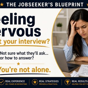 Peut inclure: Image de "The Jobseeker's Blueprint" avec le texte : "Vous vous sentez nerveux &agrave; l'id&eacute;e de votre entretien ?" Une femme semble stress&eacute;e, avec un ordinateur portable et un bloc-notes avec des conseils d'entretien. Le texte dit aussi "Vous n'&ecirc;tes pas seul."