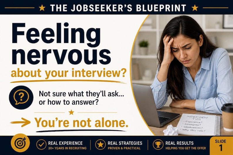 Peut inclure: Image de "The Jobseeker's Blueprint" avec le texte : "Vous vous sentez nerveux &agrave; l'id&eacute;e de votre entretien ?" Une femme semble stress&eacute;e, avec un ordinateur portable et un bloc-notes avec des conseils d'entretien. Le texte dit aussi "Vous n'&ecirc;tes pas seul."