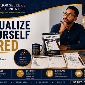Könnte beinhalten: Eine Werbegrafik für The Job Seeker's Blueprint Series 2 Book 4, die eine Person an einem Schreibtisch mit einem spiralgebundenen Buch mit dem Titel Salary & Offers, einer Tasse, einer Kerze, einem Laptop und einem Notizblock mit My Vision zeigt.