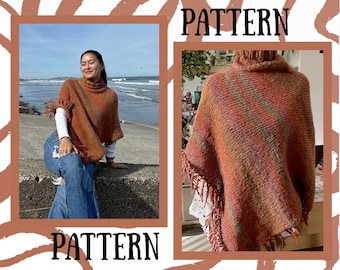 May include: A knitted poncho in shades of orange, brown, and green with a turtleneck and fringe detail. The poncho is shown on a person sitting near the ocean and also displayed on a mannequin. The word "PATTERN" is displayed in the image.