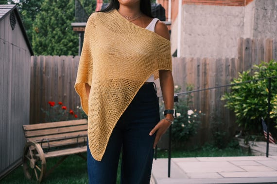 Hand Knit Cotton Linen Poncho: Sheer Yellow Cover-Up Dandelion Drift