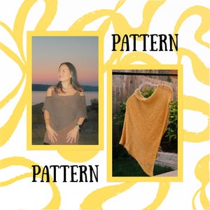 May include: Two framed photographs are shown. One depicts a woman in a brown off-the-shoulder top and skirt. The other shows a mustard-coloured knitted poncho on a hanger. The word "PATTERN" is written in black capital letters.