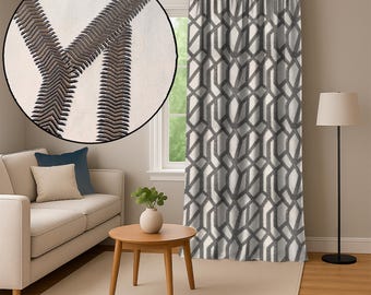 Beige Jacquard Curtains, Embroidered Abstract Geometric Pattern, Luxury Drapes