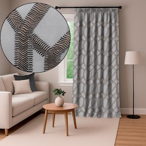 Rideaux jacquard brodés gris, motif à carreaux abstrait, taille prête à l&#39;emploi ou personnalisée, livraison gratuite