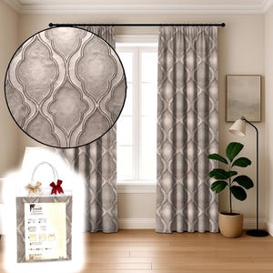 Beige Pinch Pleat Curtains, Embroidered Jacquard Luxury Drapes, Set of 2 Panels, Custom Size, Mid Century Modern Window Style