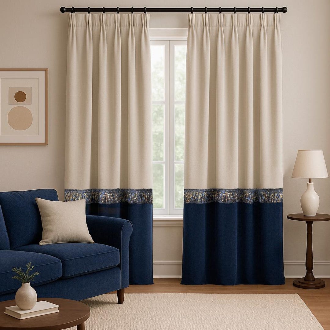 beige-and-navy-blue-two-tone-curtains-with-fringe-set-of-2-etsy