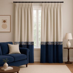 Beige and Blue Pinch Pleat Curtains, Set of 2, Soft Nubuck Drapes with Center Fringe, Ready Made on Tape, Elegant Living Room Panels