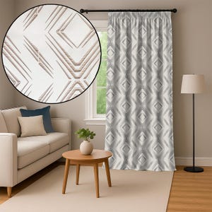 Beige Jacquard Curtains, Embroidered Geometric Plaid Style, Luxury Mid Century Look, Ready Made or Custom Size, Free Shipping