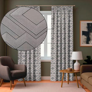 Grey Embroidered Jacquard Curtains with Geometric Pattern, Set of 2 Wide Panels for Living Room or Bedroom, Modern Luxury Drapes