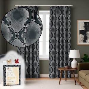 Black Pinch Pleat Curtains, Set of 2 Panels, Embroidered, Custom Size, Luxury Ready Made Drapes, Mid Century Modern Style