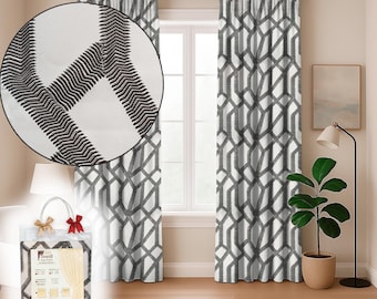Beige Jacquard Curtains, Geometric Pattern Drapes, Set of 2