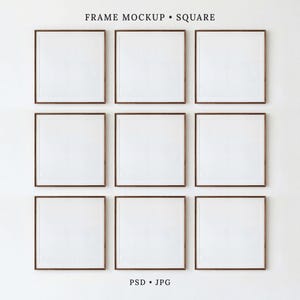 May include: A grid of nine square picture frames with thin dark brown borders and white matting, arranged in three rows of three. The text "FRAME MOCKUP • SQUARE" appears at the top, and "PSD • JPG" is printed at the bottom of the display.