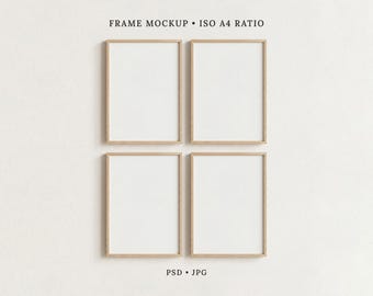 A4 Frame Mockup Artwork Display |  Set of 4 Vertical Wood Frame | PSD Smart Object