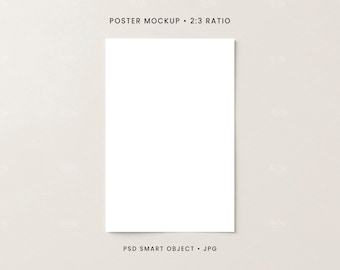 May include: A blank white poster mockup in a 2:3 ratio, displayed on a beige backdrop. The text "POSTER MOCKUP • 2:3 RATIO" is at the top, and "PSD SMART OBJECT • JPG" is at the bottom. Ideal for showcasing artwork or designs.
