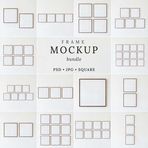 May include: A digital frame mockup bundle featuring various arrangements of square wooden frames. The central text reads FRAME MOCKUP bundle PSD JPG SQUARE. The collection displays multiple grid layouts, including single, double, triple, and larger multi-frame configurations for displaying artwork or photography.
