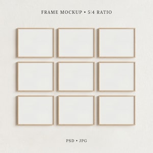 Puede incluir: Una cuadrícula de nueve marcos rectangulares de madera clara dispuestos en tres filas y tres columnas, cada uno con un centro blanco vacío. El texto FRAME MOCKUP 5:4 RATIO aparece arriba y PSD JPG abajo en la imagen.