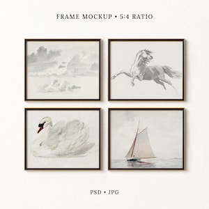 May include: Four rectangular wall frames with thin dark borders arranged in a grid. The top left shows clouds, the top right a galloping horse, the bottom left a white swan, and the bottom right a sailboat on water. Text reads FRAME MOCKUP 5:4 RATIO PSD JPG.