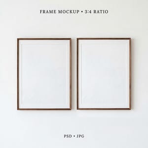 May include: Two vertical rectangular frames with dark brown wood borders and white matting, displayed side-by-side. The text at the top reads FRAME MOCKUP • 3:4 RATIO, and the text at the bottom reads PSD • JPG.