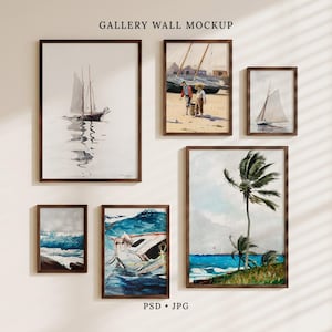 May include: A gallery wall mockup featuring six framed nautical-themed art prints with dark brown frames. The prints display sailboats, ocean waves, a beach scene with figures, and palm trees. The text GALLERY WALL MOCKUP and PSD JPG is visible.