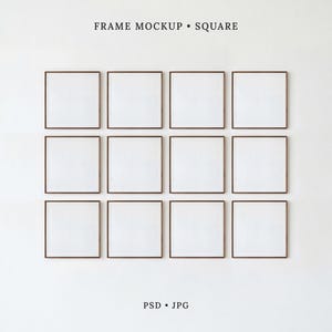 Square Frame Mockup Set of 12 | 1:1 Brown Wood Frames | PSD Smart Object
