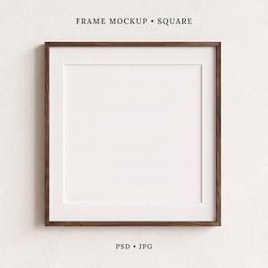 May include: A square wooden picture frame with a white mat board interior. The text FRAME MOCKUP SQUARE is printed above the frame, and the text PSD JPG is printed below the frame. The frame has a dark brown wood grain finish.