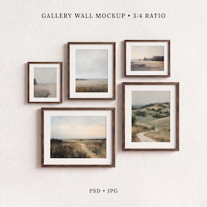 May include: A gallery wall mockup featuring five dark wood frames containing landscape paintings of fields, hills, and paths. The text GALLERY WALL MOCKUP 3:4 RATIO is at the top, and PSD JPG is at the bottom. The frames are arranged in a cluster.
