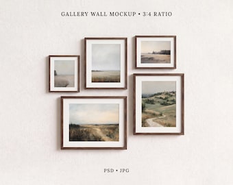 May include: A gallery wall mockup featuring five dark wood frames containing landscape paintings of fields, hills, and paths. The text GALLERY WALL MOCKUP 3:4 RATIO is at the top, and PSD JPG is at the bottom. The frames are arranged in a cluster.