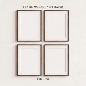 May include: Four vertical rectangular frames with dark brown wood borders and white matting arranged in a two-by-two grid. The text FRAME MOCKUP 3:4 RATIO is centered at the top, and PSD JPG is centered at the bottom of the display.