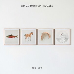 May include: Four square frames with dark wood borders arranged horizontally. The frames display illustrations of a fish, a horse, an architectural arch, and a swan. The text "FRAME MOCKUP • SQUARE" appears at the top and "PSD • JPG" at the bottom.