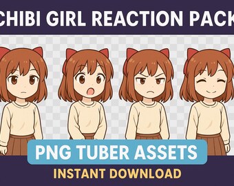 May include: A digital art pack featuring four chibi girl illustrations with different facial expressions. Each girl has brown hair, a red bow, a tan long-sleeve shirt, and a brown skirt. Text on the image reads "CHIBI GIRL REACTION PACK" and "PNG TUBER ASSETS INSTANT DOWNLOAD."