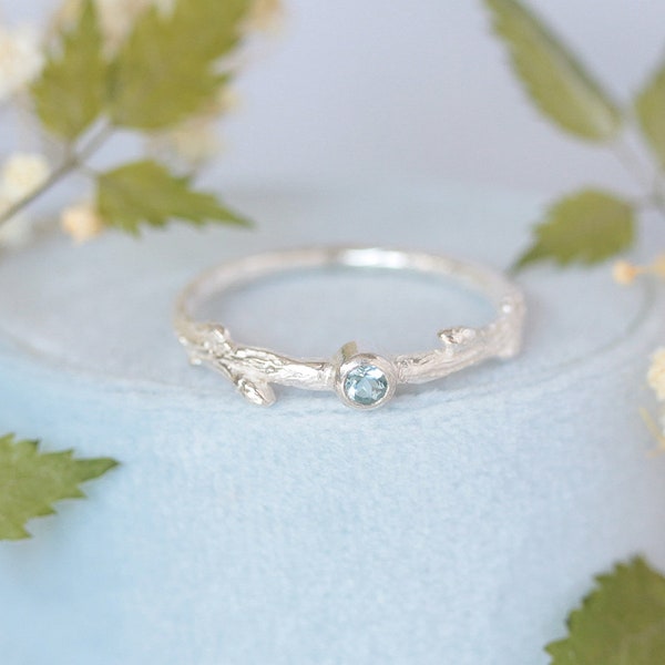 Oak twig silver aquamarine ring