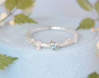 Oak twig silver aquamarine ring