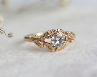 Rowan leaf white sapphire gold engagement ring