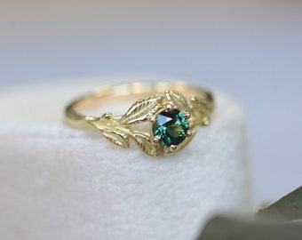 Rowan leaf green sapphire gold engagement ring