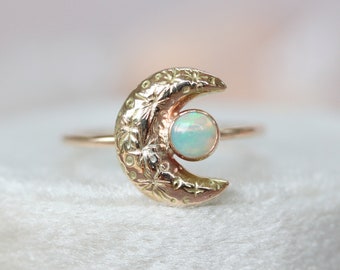 Crescent moon gold opal ring