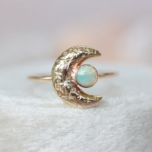 Crescent moon gold opal ring