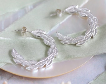 Willow leaf silver hoop earrings