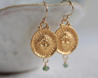 Helios sun coin gold drop earrings